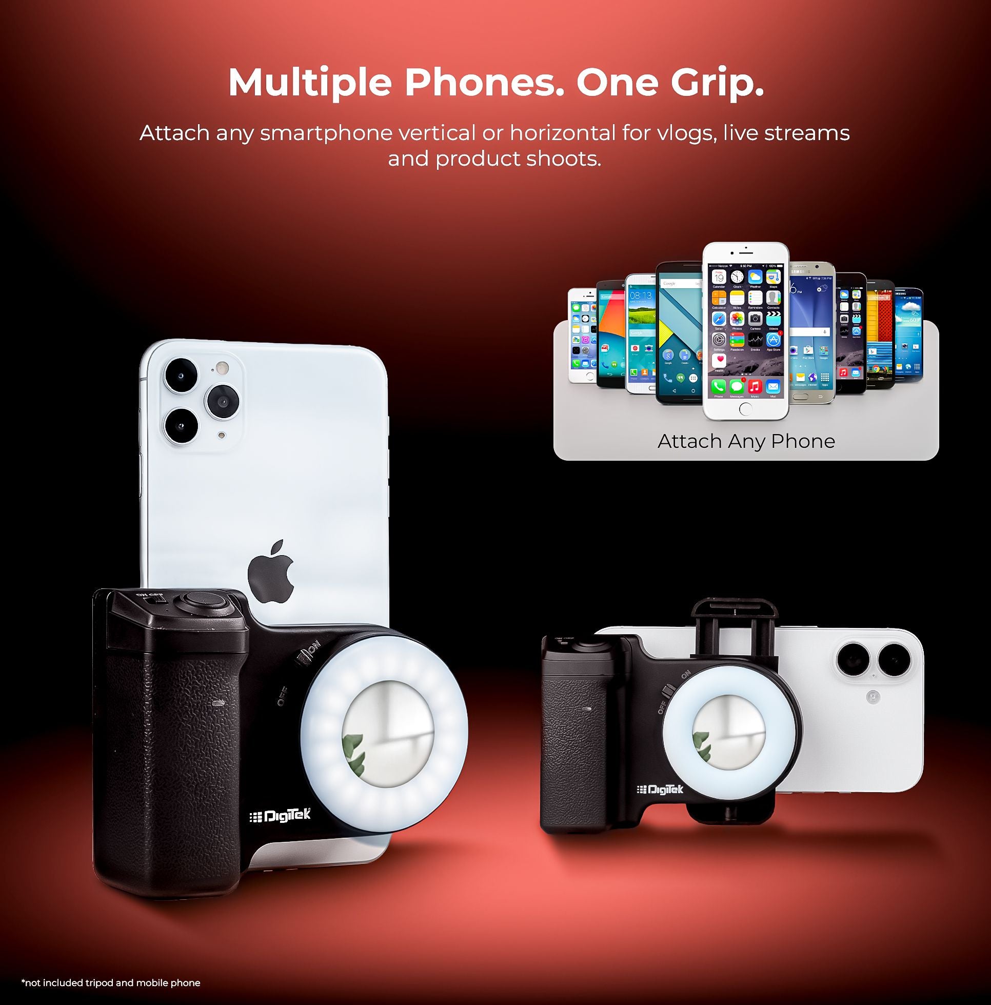 Digitek (DPH 002L) Smartphone Camera Grip with Adjustable Fill Light, Bluetooth Remote, Type-C Charging, Stable ABS+Magnet Grip, 800mAh Battery, Horizontal/Vertical Phone Mount for Vloggers & Creators