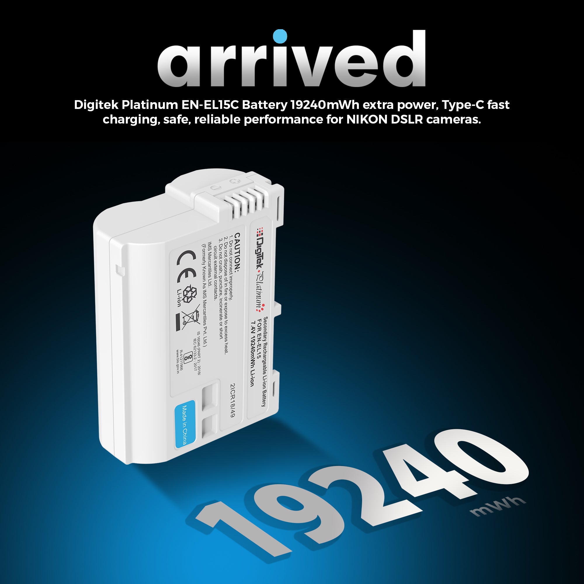 بطارية Digitek Platinum (EL-EL15 Type C) ليثيوم أيون 3000 مللي أمبير لكاميرات نيكون DSLR مع كابل Type-C، متوافقة مع كاميرات نيكون D500، D600، D610، D750، D800، D800E، D700، D7100، وD1V1 DSLR.