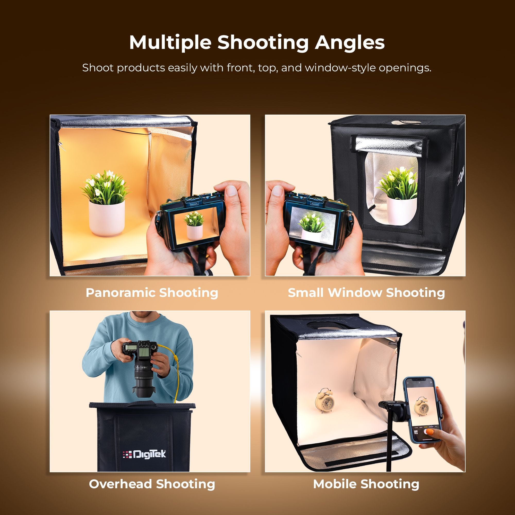 Digitek (DPLB 6060) Portable 40W Photo Studio Light Box, 60×60cm, 2700K–9900K Color Temp, Dual 144pcs LED Panels, 0–100% Dimming, 90 CRI, Shadow-Free, 6 Color PVC Backgrounds, For Product Photography