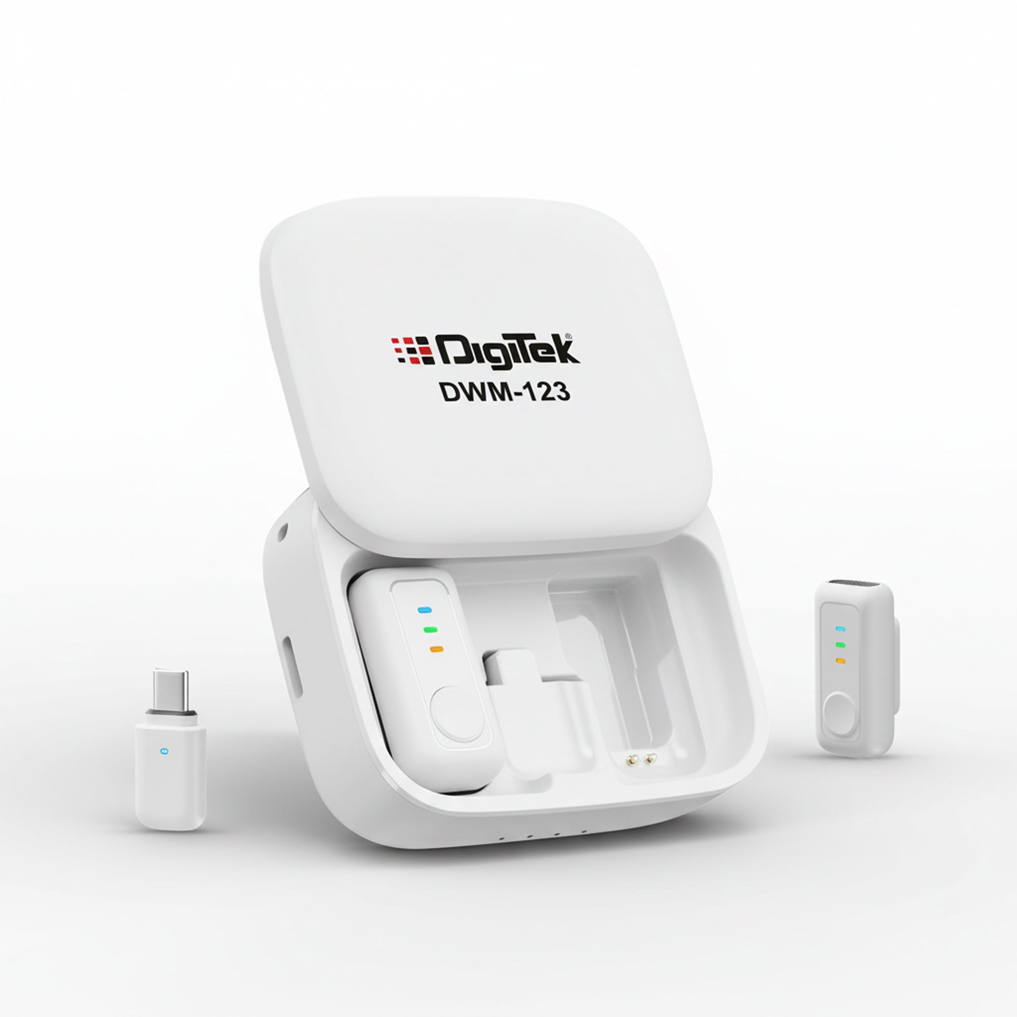 نظام ميكروفون لاسلكي Digitek (DWM 123) 2 في 1 مع علبة شحن ومشبك طوق مغناطيسي، وجهاز استقبال من النوع C لأجهزة iPhone 15 وما فوق، وهواتف Android، ومدى 60 مترًا، وميكروفون مدمج، للمبدعين ومدوني الفيديو (أبيض)