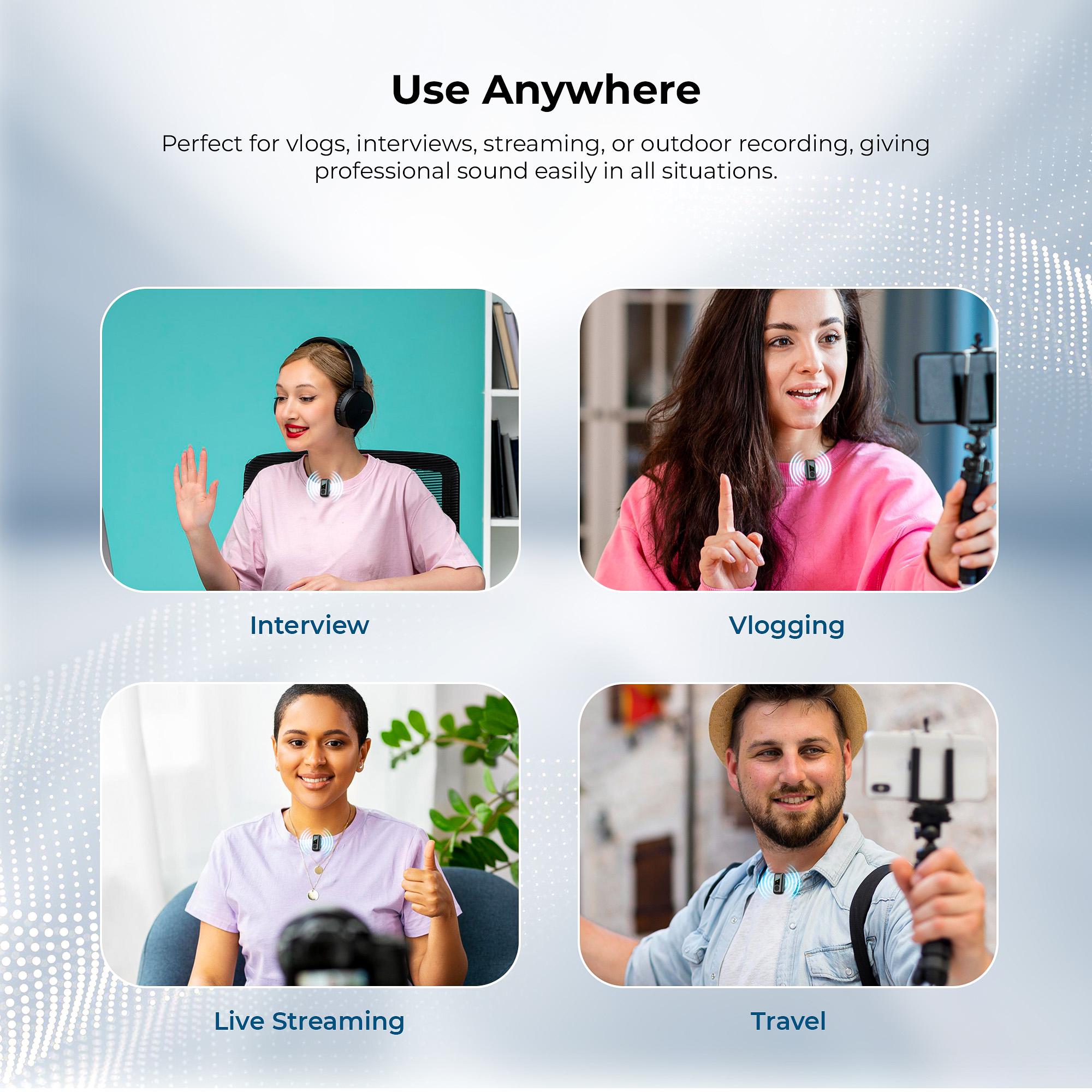 نظام ميكروفون لاسلكي Digitek (DWM 123) 2 في 1 مع علبة شحن ومشبك طوق مغناطيسي، وجهاز استقبال من النوع C لأجهزة iPhone 15 وما فوق، وهواتف Android، ومدى 60 مترًا، وميكروفون مدمج، للمبدعين ومدوني الفيديو (أسود)