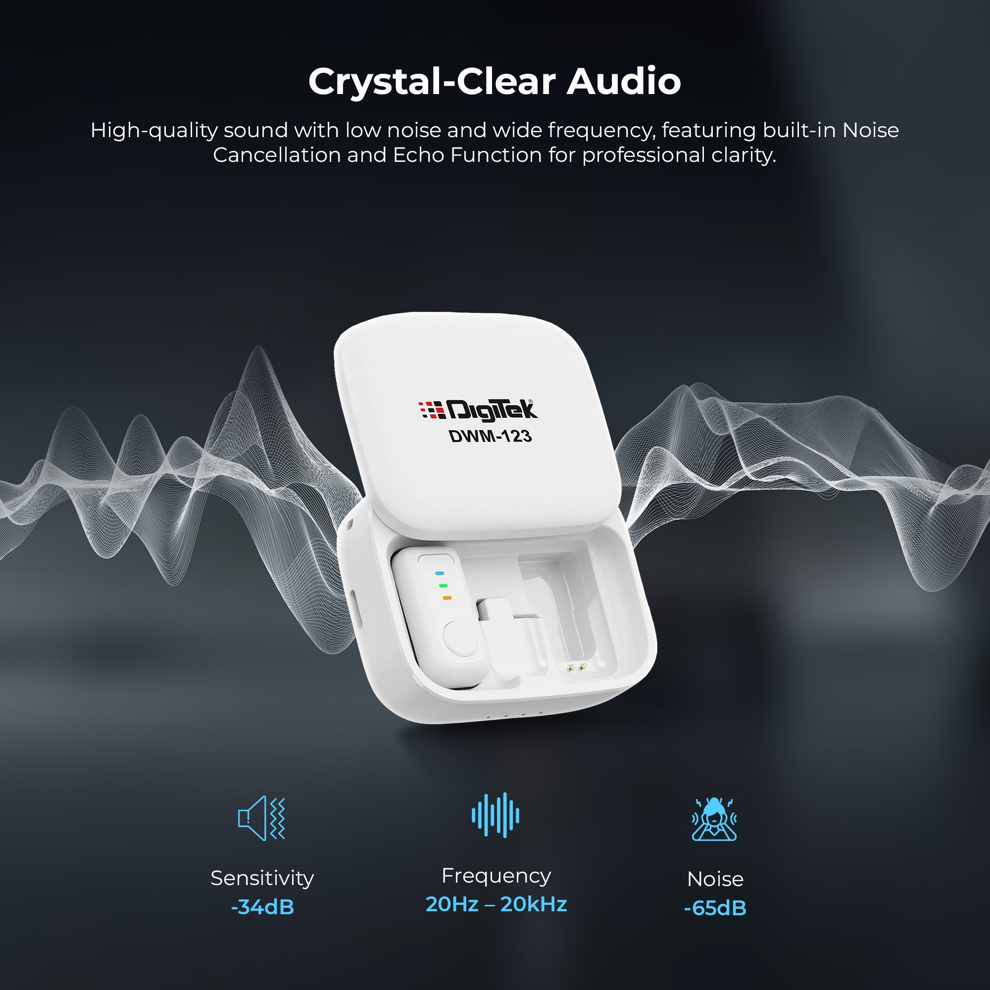 نظام ميكروفون لاسلكي Digitek (DWM 123) 2 في 1 مع علبة شحن ومشبك طوق مغناطيسي، وجهاز استقبال من النوع C لأجهزة iPhone 15 وما فوق، وهواتف Android، ومدى 60 مترًا، وميكروفون مدمج، للمبدعين ومدوني الفيديو (أبيض)