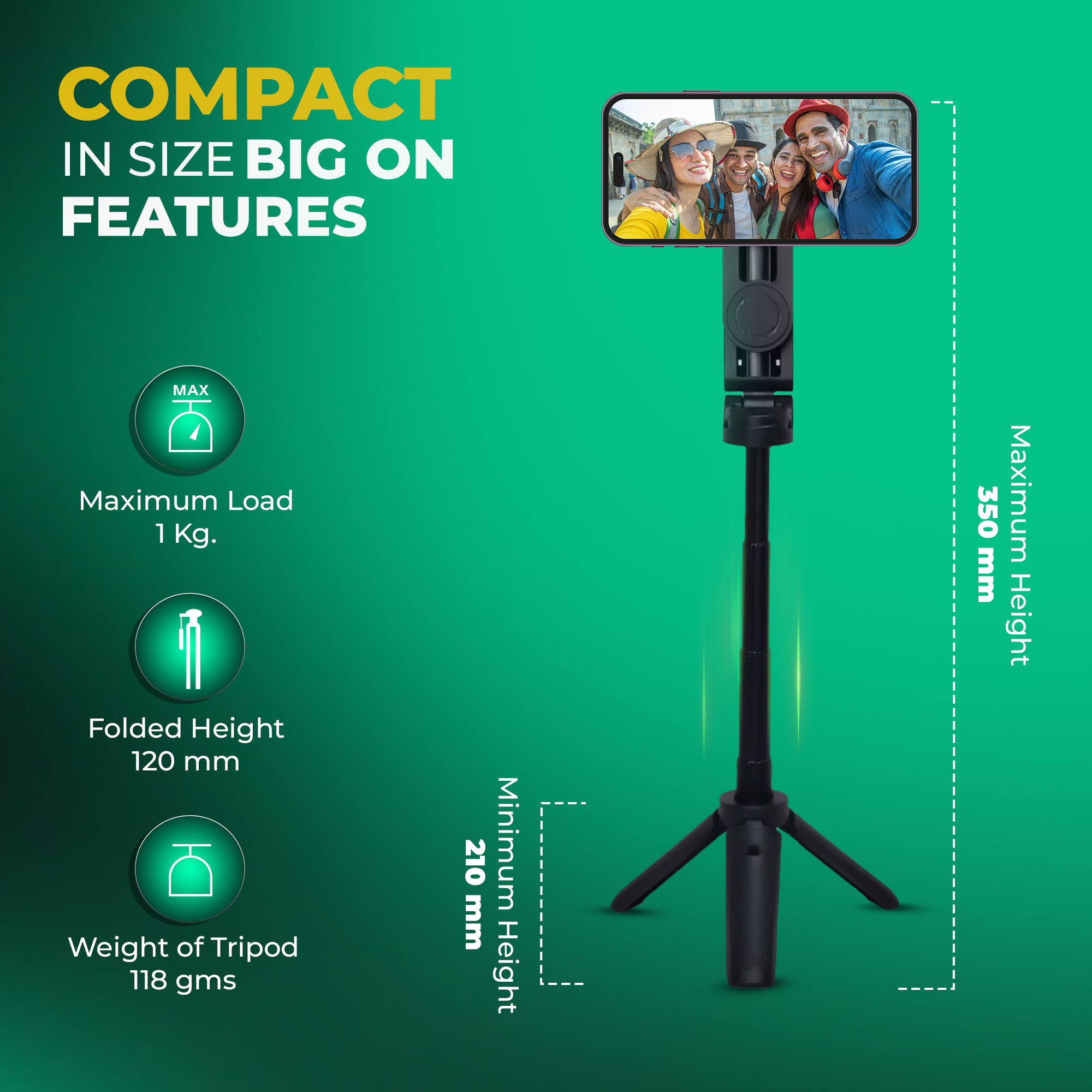 حامل ثلاثي القوائم مغناطيسي لعصا السيلفي من ديجيتك (DTR 350 SS) مع جهاز تحكم عن بعد بلوتوث بمدى 10 أمتار، تصميم بحجم الجيب، حمولة قصوى 1 كجم، دوران 360 درجة، حامل مغناطيسي للهاتف، مثالي للسفر وتصوير الفيديوهات 