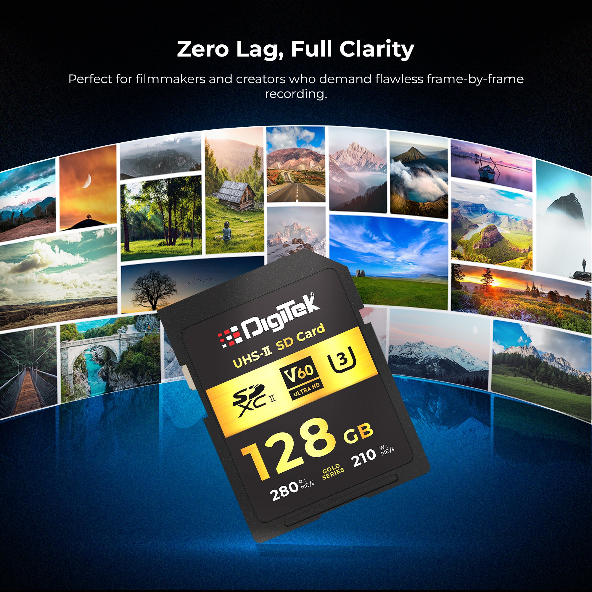 Digitek V60 Ultra HD 128GB UHS-II SD Card – 280MB/s Read, 210MB/s Write, Gold Series, 4K RAW Ready