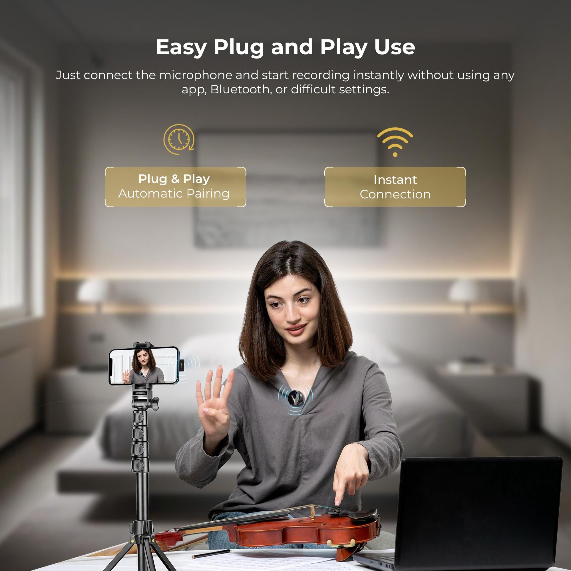 نظام ميكروفون لاسلكي ثنائي الوظائف من ديجيتك (DWM-124) لأجهزة آيفون 15 وما فوق وأجهزة أندرويد من النوع C، بمدى يصل إلى 80 مترًا، مع خاصية تقليل الضوضاء ووضع صدى الصوت، مثالي للمبدعين ومدوني الفيديو.