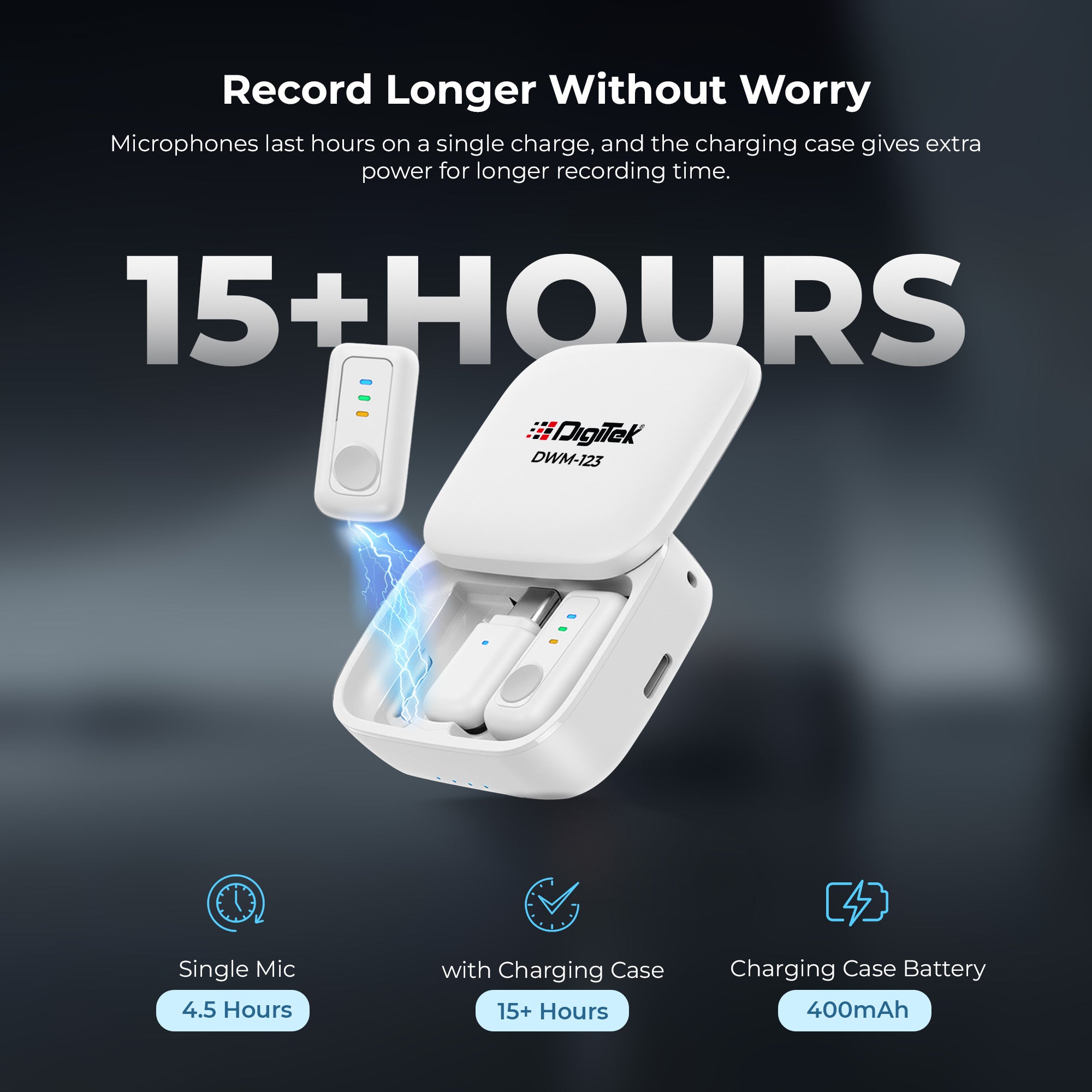 نظام ميكروفون لاسلكي Digitek (DWM 123) 2 في 1 مع علبة شحن ومشبك طوق مغناطيسي، وجهاز استقبال من النوع C لأجهزة iPhone 15 وما فوق، وهواتف Android، ومدى 60 مترًا، وميكروفون مدمج، للمبدعين ومدوني الفيديو (أبيض)