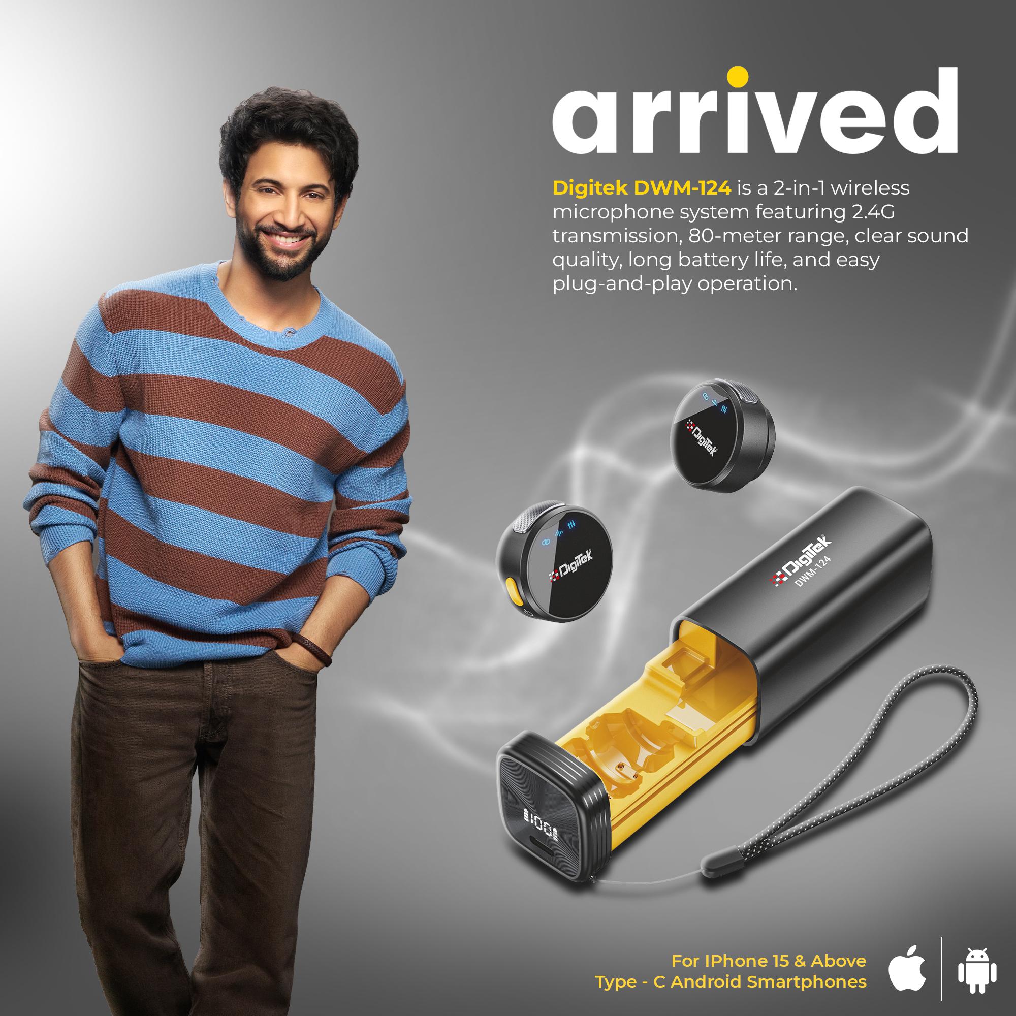 نظام ميكروفون لاسلكي ثنائي الوظائف من ديجيتك (DWM-124) لأجهزة آيفون 15 وما فوق وأجهزة أندرويد من النوع C، بمدى يصل إلى 80 مترًا، مع خاصية تقليل الضوضاء ووضع صدى الصوت، مثالي للمبدعين ومدوني الفيديو.