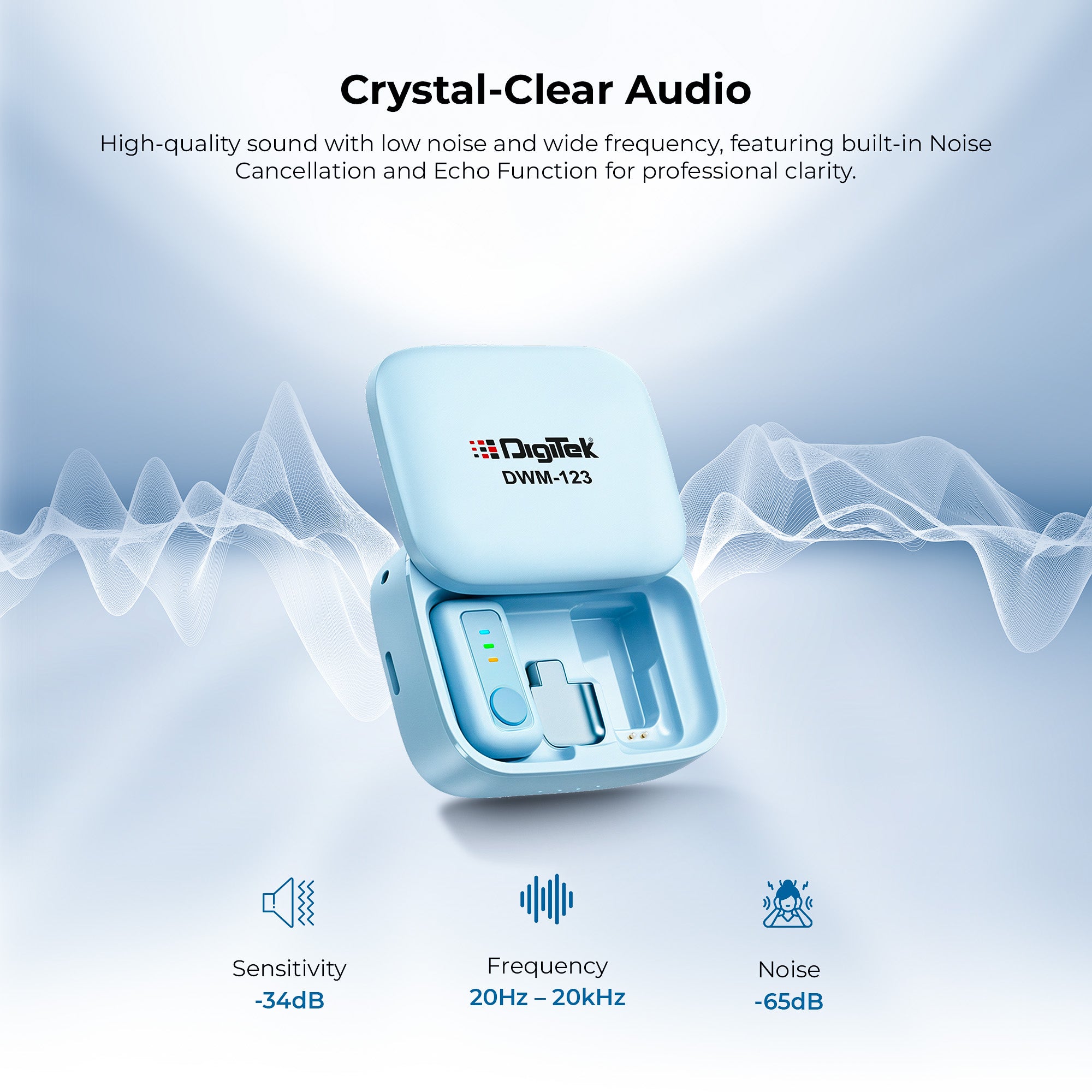 نظام ميكروفون لاسلكي Digitek (DWM 123) 2 في 1 مع علبة شحن ومشبك طوق مغناطيسي، وجهاز استقبال من النوع C لأجهزة iPhone 15 وما فوق، وهواتف Android، ومدى 60 مترًا، وميكروفون مدمج، للمبدعين ومدوني الفيديو (أزرق)